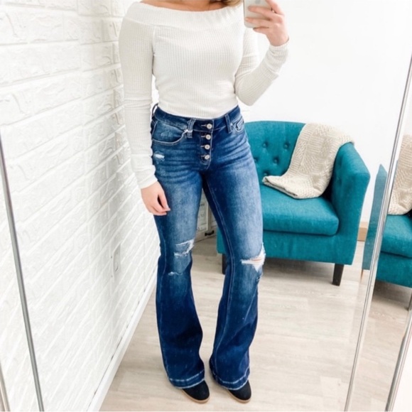 KanCan Mid Rise Distressed Flare Bootcut Jeans Dark Women’s Multi Sizes NWT - Picture 9 of 15